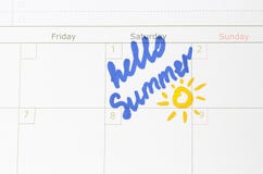 Inscription hello summer in the calendar, close up stock photo Inscription hello summer in the calendar, close up stock photo