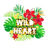 Inscription sauvage de coeur sur le fond des fleurs tropicales illustration de vecteur Inscription sauvage de coeur sur le fond des fleurs tropicales illustration de vecteur