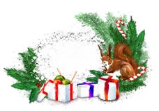 Insegna di Natale con la corona, i regali e lo scoiattolo dell'abete royalty illustrazione gratis Insegna di Natale con la corona, i regali e lo scoiattolo dell'abete royalty illustrazione gratis
