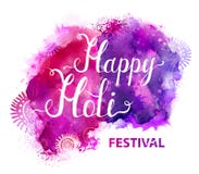 Insegna di vettore di festival di Holi con iscrizione bianca sulle macchie porpora, viola, lilla e rosa dell'acquerello Luminoso illustrazione vettoriale Insegna di vettore di festival di Holi con iscrizione bianca sulle macchie porpora, viola, lilla e rosa dell'acquerello Luminoso illustrazione vettoriale