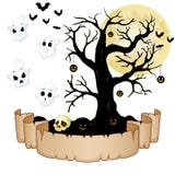 Insegna felice di Halloween con carta vuota, i fantasmi, il cranio, le zucche, i pipistrelli e l'albero asciutto illustrazione di stock Insegna felice di Halloween con carta vuota, i fantasmi, il cranio, le zucche, i pipistrelli e l'albero asciutto illustrazione di stock