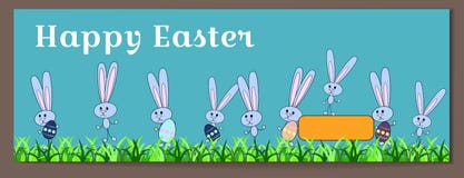 Insegna orizzontale di vettore per Pasqua felice con le uova ed i coniglietti dipinti I conigli tengono le uova con un modello fl illustrazione di stock Insegna orizzontale di vettore per Pasqua felice con le uova ed i coniglietti dipinti I conigli tengono le uova con un modello fl illustrazione di stock