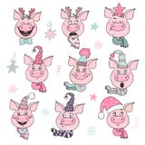 Insieme dei maiali svegli con le emozioni di gioia e di felicità royalty illustrazione gratis Insieme dei maiali svegli con le emozioni di gioia e di felicità royalty illustrazione gratis