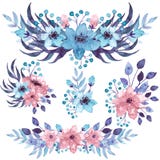 Insieme dei mazzi dell'acquerello con i fiori blu e rosa illustrazione vettoriale Insieme dei mazzi dell'acquerello con i fiori blu e rosa illustrazione vettoriale