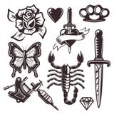 Insieme del tatuaggio degli oggetti di vettore e degli elementi di progettazione illustrazione di stock Insieme del tatuaggio degli oggetti di vettore e degli elementi di progettazione illustrazione di stock