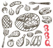 Insieme dell'alimento di schizzo della griglia L'alimento del BBQ è salsiccie, le costole, il gamberetto, il salmone, la bistecca Immagini Stock Libere da Diritti Insieme dell'alimento di schizzo della griglia L'alimento del BBQ è salsiccie, le costole, il gamberetto, il salmone, la bistecca Immagini Stock Libere da Diritti