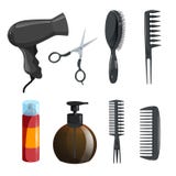 Insieme dell'attrezzatura del salone di bellezza dei capelli Lacca, forbici, pettini per la designazione, spazzola per i capelli royalty illustrazione gratis Insieme dell'attrezzatura del salone di bellezza dei capelli Lacca, forbici, pettini per la designazione, spazzola per i capelli royalty illustrazione gratis