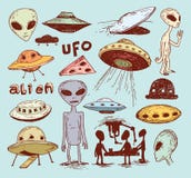 Insieme dello straniero e dell'icona del UFO, illustrazione disegnata a mano di vettore illustrazione vettoriale Insieme dello straniero e dell'icona del UFO, illustrazione disegnata a mano di vettore illustrazione vettoriale