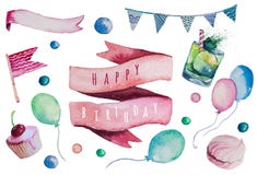 Insieme di buon compleanno dell'acquerello Annata disegnata a mano royalty illustrazione gratis Insieme di buon compleanno dell'acquerello Annata disegnata a mano royalty illustrazione gratis