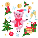 Insieme di elementi piano del nuovo anno e di Natale con il maiale, l'albero di Natale, i regali, la palla di natale, i fiocchi d illustrazione vettoriale Insieme di elementi piano del nuovo anno e di Natale con il maiale, l'albero di Natale, i regali, la palla di natale, i fiocchi d illustrazione vettoriale