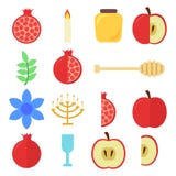 Insieme di Rosh Hashanah: melograno e mela, candela, vetro, miele, cucchiaio per miele royalty illustrazione gratis Insieme di Rosh Hashanah: melograno e mela, candela, vetro, miele, cucchiaio per miele royalty illustrazione gratis