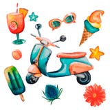 Insieme disegnato a mano di estate dell'acquerello nel retro stile royalty illustrazione gratis Insieme disegnato a mano di estate dell'acquerello nel retro stile royalty illustrazione gratis