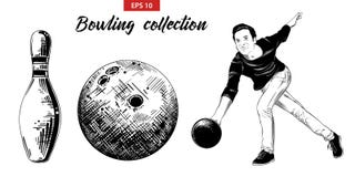 Insieme disegnato a mano di schizzo del giocatore, del perno e della palla di bowling isolati su fondo bianco Disegno d'annata de royalty illustrazione gratis Insieme disegnato a mano di schizzo del giocatore, del perno e della palla di bowling isolati su fondo bianco Disegno d'annata de royalty illustrazione gratis