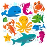 Insieme felice delle creature del mare del fumetto di divertimento royalty illustrazione gratis Insieme felice delle creature del mare del fumetto di divertimento royalty illustrazione gratis