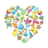 Insieme sveglio di tema di scarabocchio dell'infante neonato Cura del bambino, alimentantesi, abbigliamento, giocattoli, roba di royalty illustrazione gratis Insieme sveglio di tema di scarabocchio dell'infante neonato Cura del bambino, alimentantesi, abbigliamento, giocattoli, roba di royalty illustrazione gratis