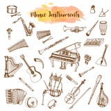 Instrumentos de música, ejemplo dibujado mano en estilo del garabato Piaono, violín, guitarra y saxofón del vintage Musical grand stock de ilustración Instrumentos de música, ejemplo dibujado mano en estilo del garabato Piaono, violín, guitarra y saxofón del vintage Musical grand stock de ilustración