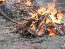 Funeral pyres burning at Swargadwar crematorium,Puri,Odisha state,India