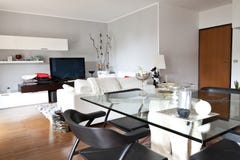 Interior de una sala de estar, de un vector de cristal y de una TV fotos de archivo Interior de una sala de estar, de un vector de cristal y de una TV fotos de archivo