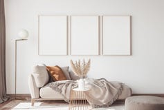 Interior design of modern Scandinavian apartment, three empty frames . neutral colors,