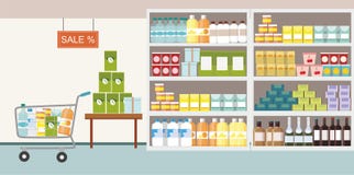 Interior do supermercado com o produto de mercadoria na prateleira e no carrinho de compras ilustração do vetor Interior do supermercado com o produto de mercadoria na prateleira e no carrinho de compras ilustração do vetor