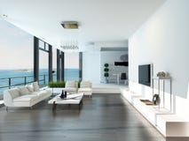 Interior luxuoso da sala de visitas com opinião branca do sofá e do seascape ilustração stock Interior luxuoso da sala de visitas com opinião branca do sofá e do seascape ilustração stock
