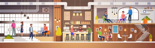 Interior moderno del café en estilo del desván Por completo de gente Ejemplo plano del vector del restaurante libre illustration Interior moderno del café en estilo del desván Por completo de gente Ejemplo plano del vector del restaurante libre illustration