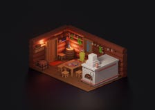 Interior of russian village house with Russian stove. Traditional farm house kitchen. Illustration in Low Poly isometric style