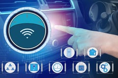 Internal view and automatic self command driving with smartphone , Electric smart car technology stock photography Internal view and automatic self command driving with smartphone , Electric smart car technology stock photography