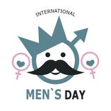 Internationale Mensen` s Dag Banner in de vorm van een symbool van een mens met een kroon, snor en ogen door vrouwelijke symbolen stock illustratie Internationale Mensen` s Dag Banner in de vorm van een symbool van een mens met een kroon, snor en ogen door vrouwelijke symbolen stock illustratie