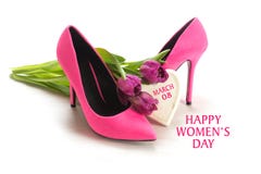 Internationella kvinnors dag8 mars, skor för hög häl för damer rosa, arkivfoto Internationella kvinnors dag8 mars, skor för hög häl för damer rosa, arkivfoto