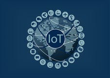 Internet das coisas (IoT) palavra e ícones com globo e mapa do mundo ilustração royalty free Internet das coisas (IoT) palavra e ícones com globo e mapa do mundo ilustração royalty free