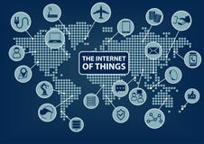 Internet de las cosas (IoT) palabra e iconos con el globo y el mapa del mundo ilustración del vector Internet de las cosas (IoT) palabra e iconos con el globo y el mapa del mundo ilustración del vector
