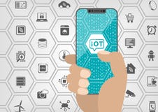 Internet do conceito das coisas com o texto de IOT indicado no écran sensível frameless do smartphone moderno da moldura livre co ilustração stock Internet do conceito das coisas com o texto de IOT indicado no écran sensível frameless do smartphone moderno da moldura livre co ilustração stock
