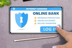 Hand with smart phone tapping the button log in on stone table background - internet online banking technology concept royalty free illustration Hand with smart phone tapping the button log in on stone table background - internet online banking technology concept royalty free illustration