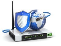 Internet security. Router with shield and earth. stock illustration Internet security. Router with shield and earth. stock illustration