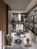 Interno moderno del sottotetto progettato come appartamento moderno di piano aperto Piano aperto compreso la cucina, sala da pran royalty illustrazione gratis Interno moderno del sottotetto progettato come appartamento moderno di piano aperto Piano aperto compreso la cucina, sala da pran royalty illustrazione gratis