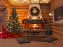 intérieur de nouvelle année de l'illustration 3D avec l'arbre de Noël, présents illustration stock intérieur de nouvelle année de l'illustration 3D avec l'arbre de Noël, présents illustration stock
