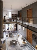 Intérieur de style du grenier à deux niveaux avec un salon et une salle à manger et une balustrade en verre des transitions Co au illustration libre de droits Intérieur de style du grenier à deux niveaux avec un salon et une salle à manger et une balustrade en verre des transitions Co au illustration libre de droits