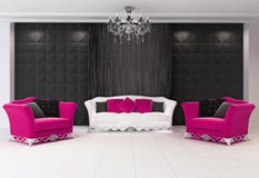 Intérieur moderne rouge avec des meubles, deux fauteuils illustration stock Intérieur moderne rouge avec des meubles, deux fauteuils illustration stock