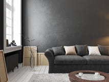 Intérieur noir scandinave classique avec le sofa, table, fenêtre, tapis illustration stock Intérieur noir scandinave classique avec le sofa, table, fenêtre, tapis illustration stock
