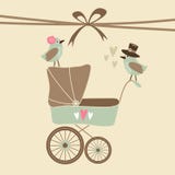 Invito sveglio della doccia di bambino, biglietto di auguri per il compleanno con carrozzina ed uccelli, fondo dell'illustrazione illustrazione di stock Invito sveglio della doccia di bambino, biglietto di auguri per il compleanno con carrozzina ed uccelli, fondo dell'illustrazione illustrazione di stock