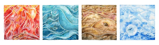 Inzameling van vier natuurlijke elementen: brand, water, lucht en aarde vector illustratie Inzameling van vier natuurlijke elementen: brand, water, lucht en aarde vector illustratie