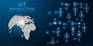IOT, dispositivos y conceptos de la conectividad en una red, nube en el centro placa de circuito digital sobre la tierra del plan libre illustration IOT, dispositivos y conceptos de la conectividad en una red, nube en el centro placa de circuito digital sobre la tierra del plan libre illustration