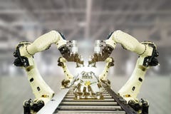 Iot Industry 4.0 Technology Concept.Smart Factory Using Trending Automation Robotic Arms With Empty Conveyor Belt In Operation Lin Stock Photography Iot Industry 4.0 Technology Concept.Smart Factory Using Trending Automation Robotic Arms With Empty Conveyor Belt In Operation Lin Stock Photography