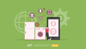IOT smart house monitoring concept for industrial 4.0. remote appliances technology on smartphone screen app of internet of things vector illustration IOT smart house monitoring concept for industrial 4.0. remote appliances technology on smartphone screen app of internet of things vector illustration