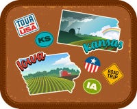Iowa and Kansas travel stickers with scenic rural landscapes