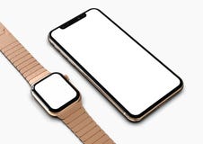 IPhone XS e o relógio de Apple aumentaram ouro com a tela branca para modelos ilustração do vetor IPhone XS e o relógio de Apple aumentaram ouro com a tela branca para modelos ilustração do vetor