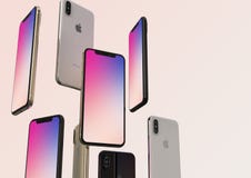IPhonexs Gouden, Zilveren en Ruimte Grijze smartphones, die in lucht, het kleurrijke scherm drijven stock foto IPhonexs Gouden, Zilveren en Ruimte Grijze smartphones, die in lucht, het kleurrijke scherm drijven stock foto