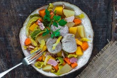 Irish stew with pork and vegetables cooked in cider - top view stock images Irish stew with pork and vegetables cooked in cider - top view stock images