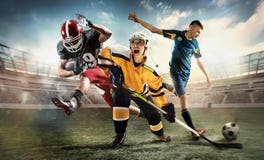 Multi sports collage about ice hockey, soccer and American football screaming players at stadium